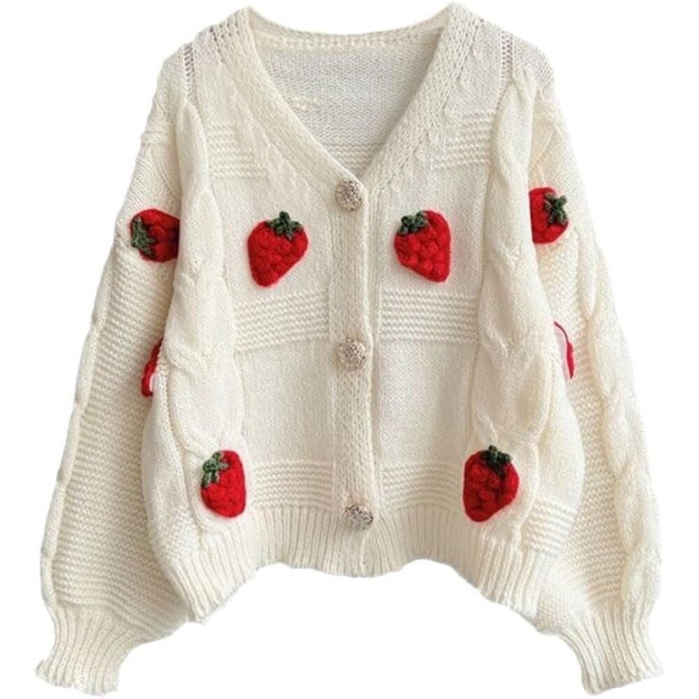 Women’s Kawaii Strawberry Knit Cropped Sweater Cute Cardigan Teen Girls